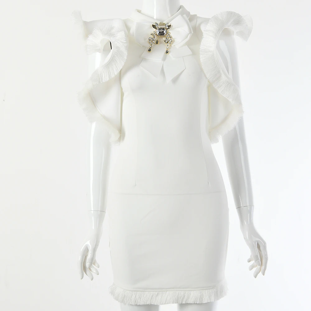 Кисточка с отделанными рюшем рукавами Коктейльные Вечерние Платье черный, белый цвет мини платье с галстуком-бабочкой, декорированные стразами
