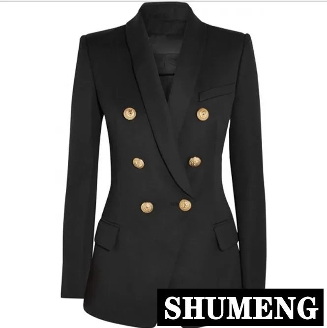 

2019 New Fashion Women Black Suit Coat Lion Head Metal Buckle Double Breasted Blazer Suit Jacket Pure Color Ladies Slim Outwear