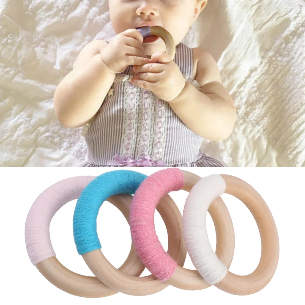 Baby Teethers Safety Wooden Baby Teething Rings Teether Toys Natural Wooden Wool Crochet