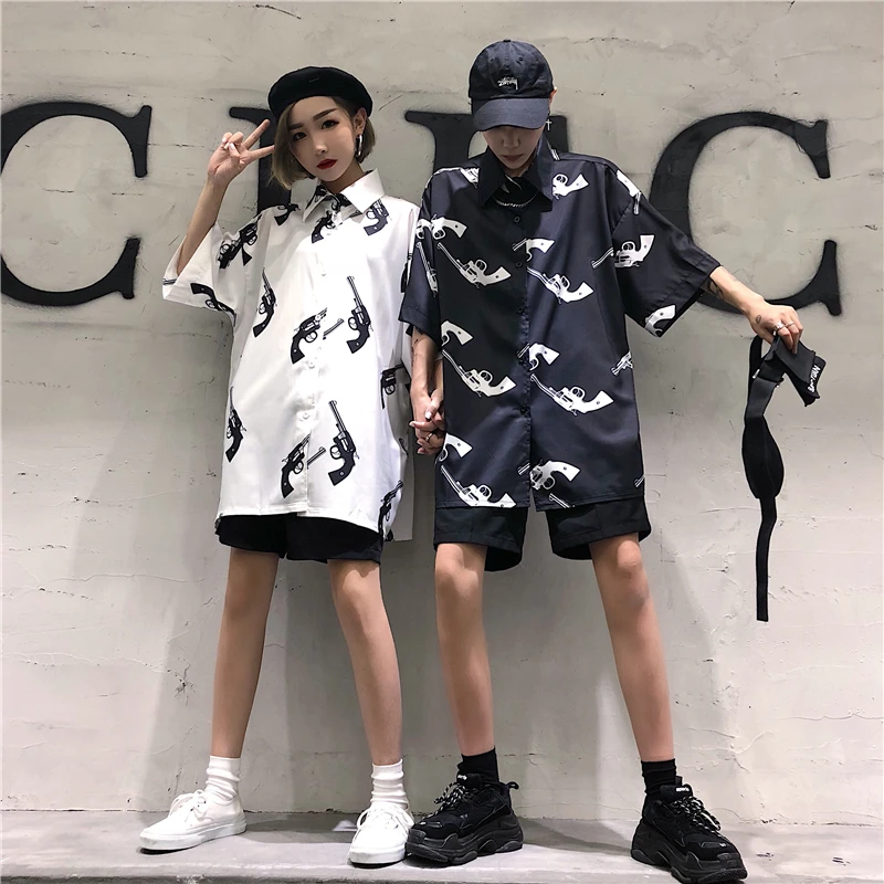  Lychee Girls Harajuku Gun Print Female Blouse Turn Down Collar Short Sleeve Loose Spring Summer Sin