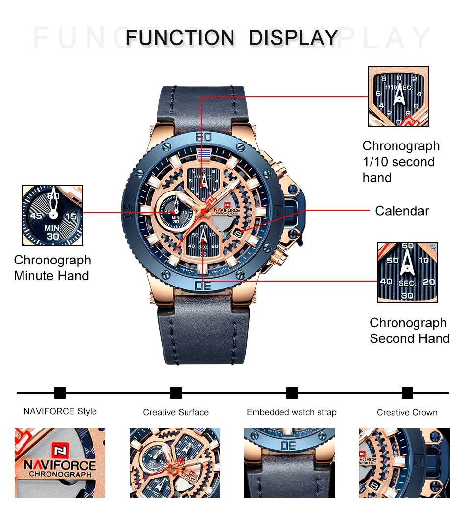 Часы мужские модные спортивные часы NAVIFORCE Топ люксовый бренд кожа водонепроницаемые кварцевые наручные часы хронограф Дата мужские часы