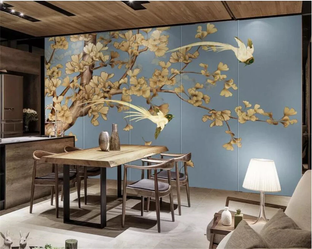 

beibehang Customize any size photo 3d wallpaper mural Hand drawn vintage ginkgo bird TV background wall painting 3d wallpaper
