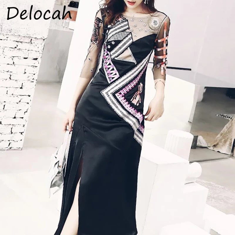 

Delocah Autumn Women Dress Runway Fashion Designer Half Sleeve Gorgeous Embroidery Printed Open Wilod Slim Lady Dresses