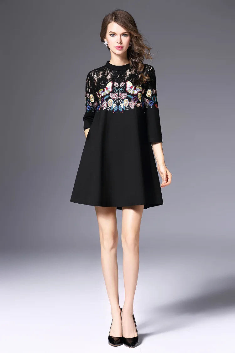 Высококачественное женское короткое платье с принтом бабочки на весну и осень, Дамское черное кружевное платье с вышивкой, элегантное приталенное платье трапециевидной формы размера плюс
