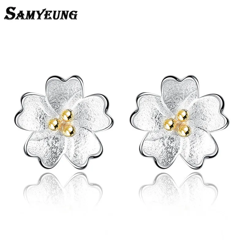 

Cute Small cherry blossoms Silver Earrings for Women Gold Flower Stud Earrings Earings Party Jewelry Brincos Femme Pendientes