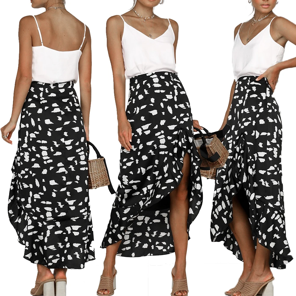 

LASPERAL 2019 Summer Asymmetrical Skirt Dot Printing One-Piece Bohemian Long Wrap Skirt Side Split Ruffled Beach Lace-Up Skirt