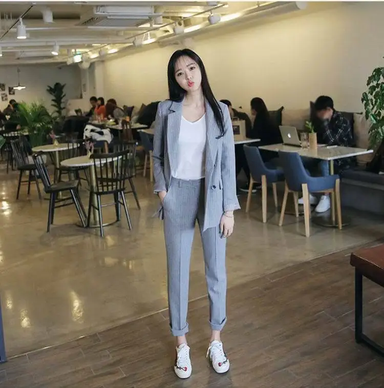 2019 Spring Work Pant Suits OL 2 Piece Sets Double Breasted Striped Blazer Jacket & Zipper Trousers Suit For Women Set Feminino 2019 Spring Work Pant Suits OL 2 Piece Sets Double Breasted Striped Blazer Jacket & Zipper Trousers Suit For Women Set Feminino