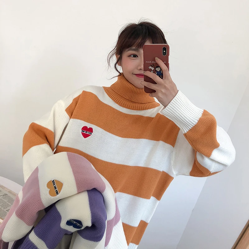 Ceny Koreański miękkie siostra śliczne cukierki kolor paskiem sweter z dzianiny kobiety zima golf z długim rękawem Pullover Jumper