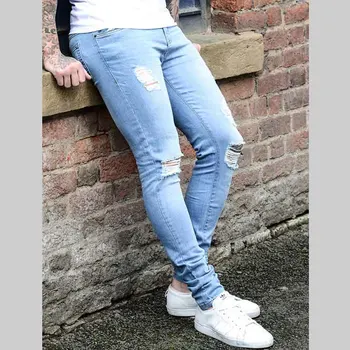 

HOT 2020 Fashion Casual Men solid denim hip hop streetwear jeans men's Ripped hole slim fit Distressed pencil pants