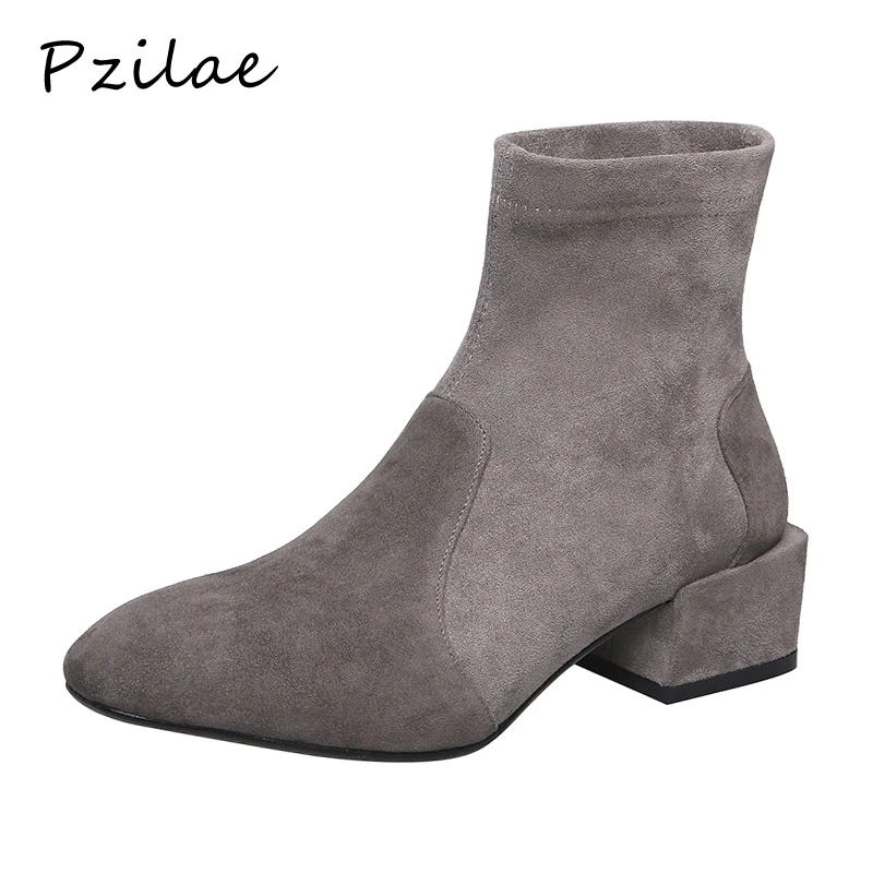 

Pzilae slip-on ankle boots for women round toe thick heels ladies boots casual fashion autumn stretch fabric black suede boots