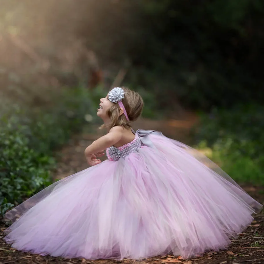 Princess Pink and Grey Flowers Tutu Dress with headband Girls Formal Wedding (10)