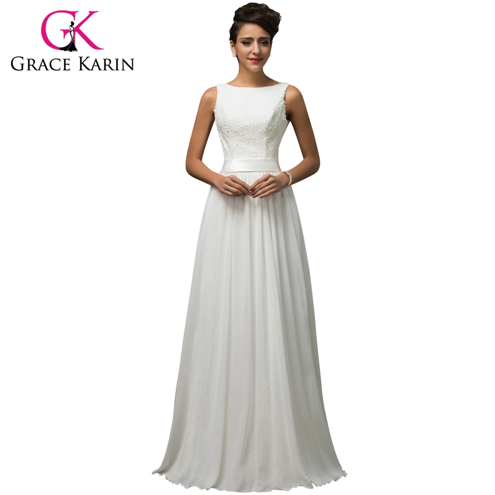 Grace Karin New Elegant Formal Long White Evening Dresses Lace Chffion Sleeveless Floor Length Evening Gown Zipper Back CL007560