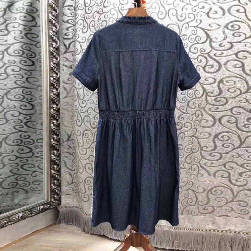 High Quality Denim Dress 2019 Spring Summer Casual Vintage Dress Women O-Neck Tunic Embroidery Short Sleeve Jeans Dress Ladies