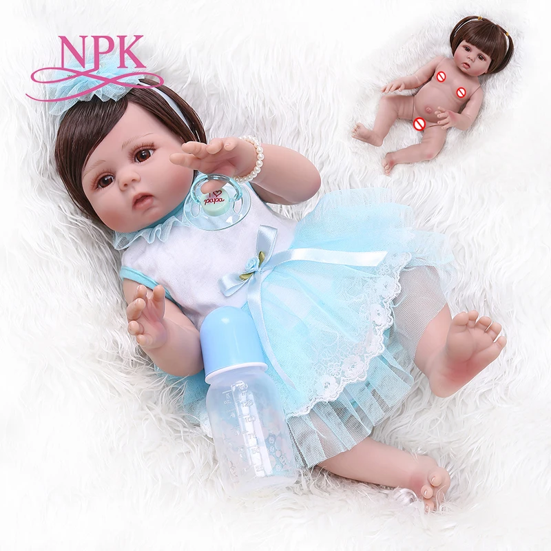 

NPK 48CM newborn bebe doll reborn baby girl in tan skin full body silicone soft realistic doll Bath toy waterproof Anatomically