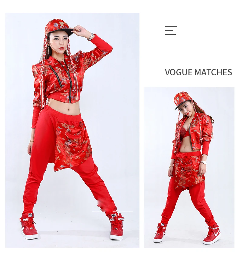 Хип-хоп танцевальный костюм для взрослых красный дракон и феникс вышивка пальто брюки для мужчин и женщин сценическая одежда для певцов джазовая одежда DT1064