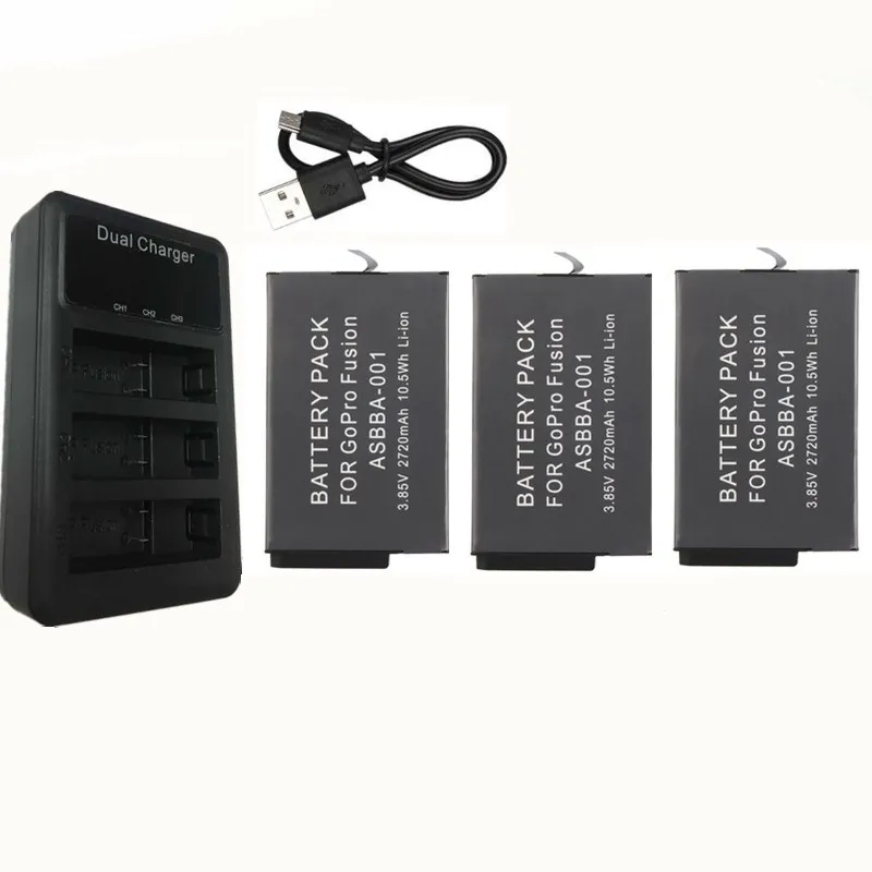 2720mAh Gopro Fusion батарея + 3 лота LCD зарядное устройство для 360 градусов камера ASBBA 001