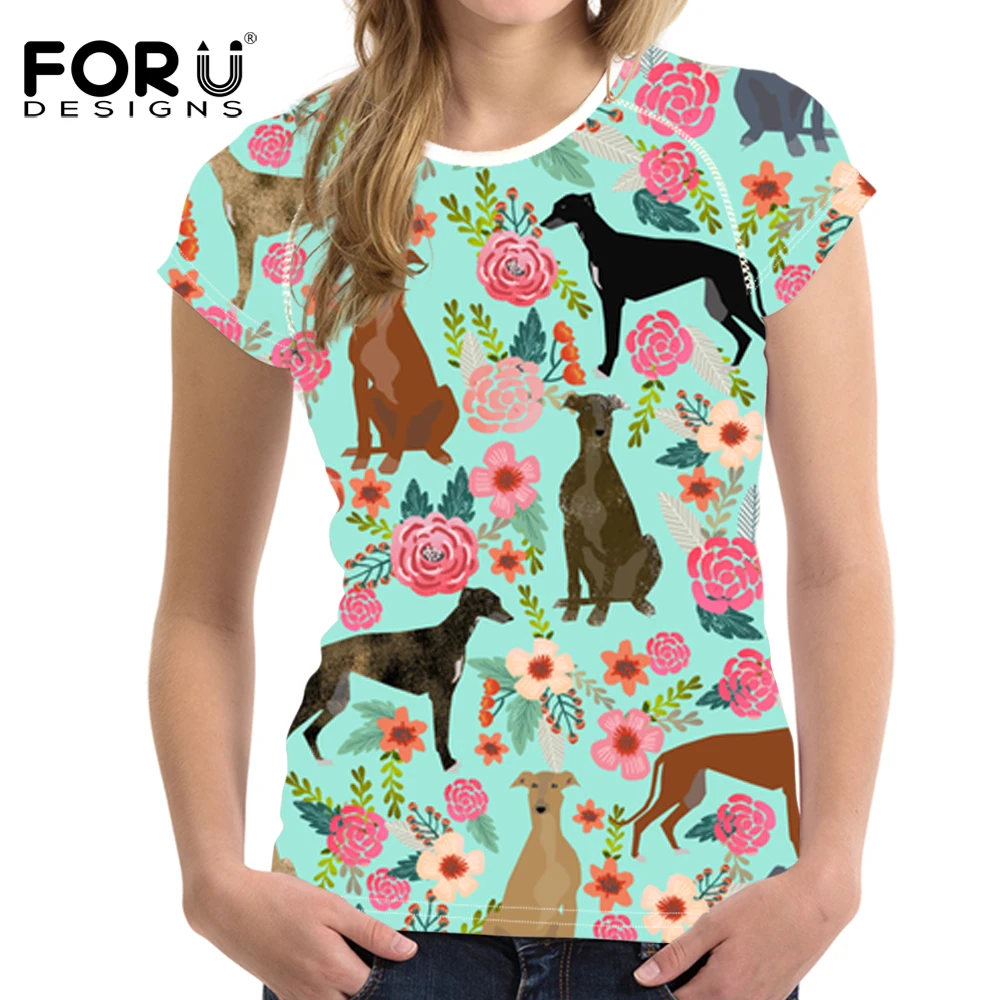 

FORUDESIGNS Women T Shirt Cartoon GreyHounds Print T-shirt Ladies Cute Dog Rescue Dog Floral Tee Shirt Female Tops for Teen Girl
