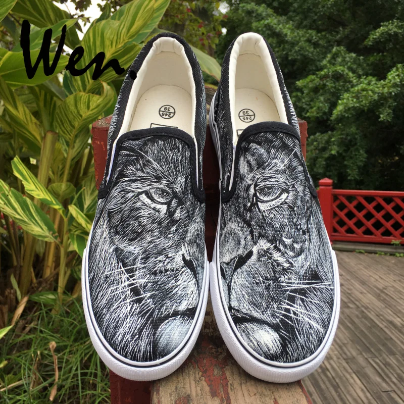 

Wen Sneakers Mens Low Slip on Canvas Footwear Jungle King Lion Hand Painted Shoes Womens Shallow Mouth Platform Flat Lazy Shoe