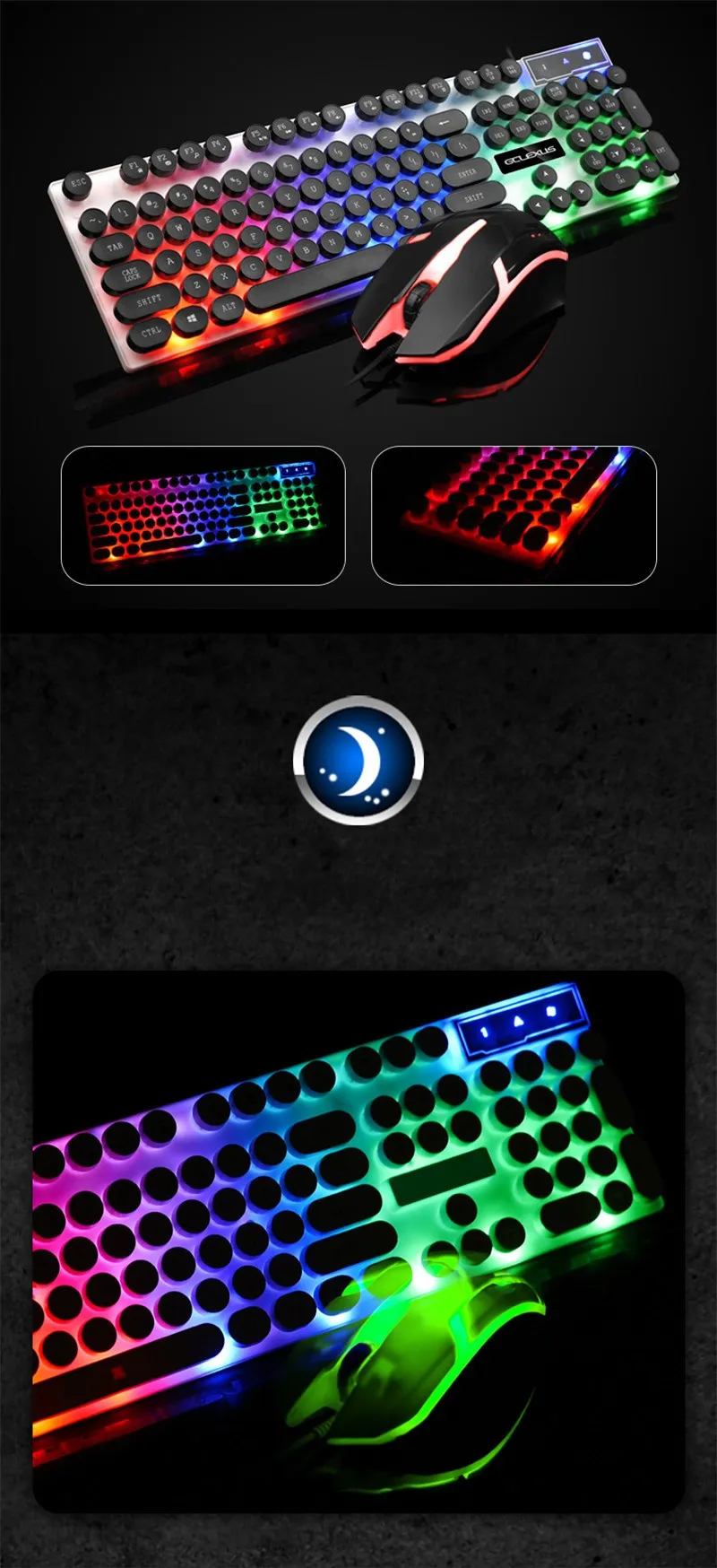 Gaming Keyboard Retro Round Glowing Backlit 3-Color LED USB Wired Waterproof  Colorful Gaming woking Keyboard mouse kits
