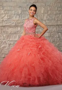 Cheap tulle and lace 2 pieces puffy 2015 coral quinceanera dresses ball gowns ruffled beaded with shawl light champagne color