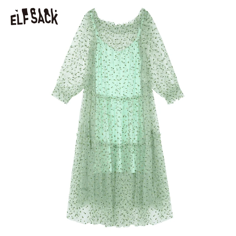 ELF SACK Mesh Dot мятно-зеленые женские платья модное повседневное женское вечернее платье с пайетками летнее милое элегантное женское вечернее платье - Цвет: Green