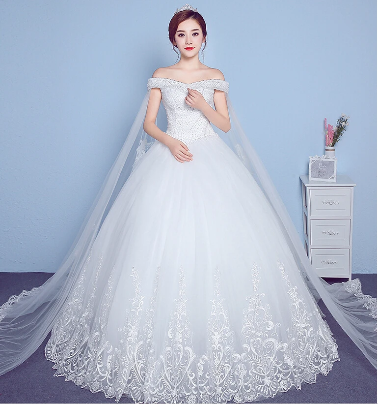 Wedding dress 2017 new spring word shoulder Korean pregnant women big code Lace Floor Length