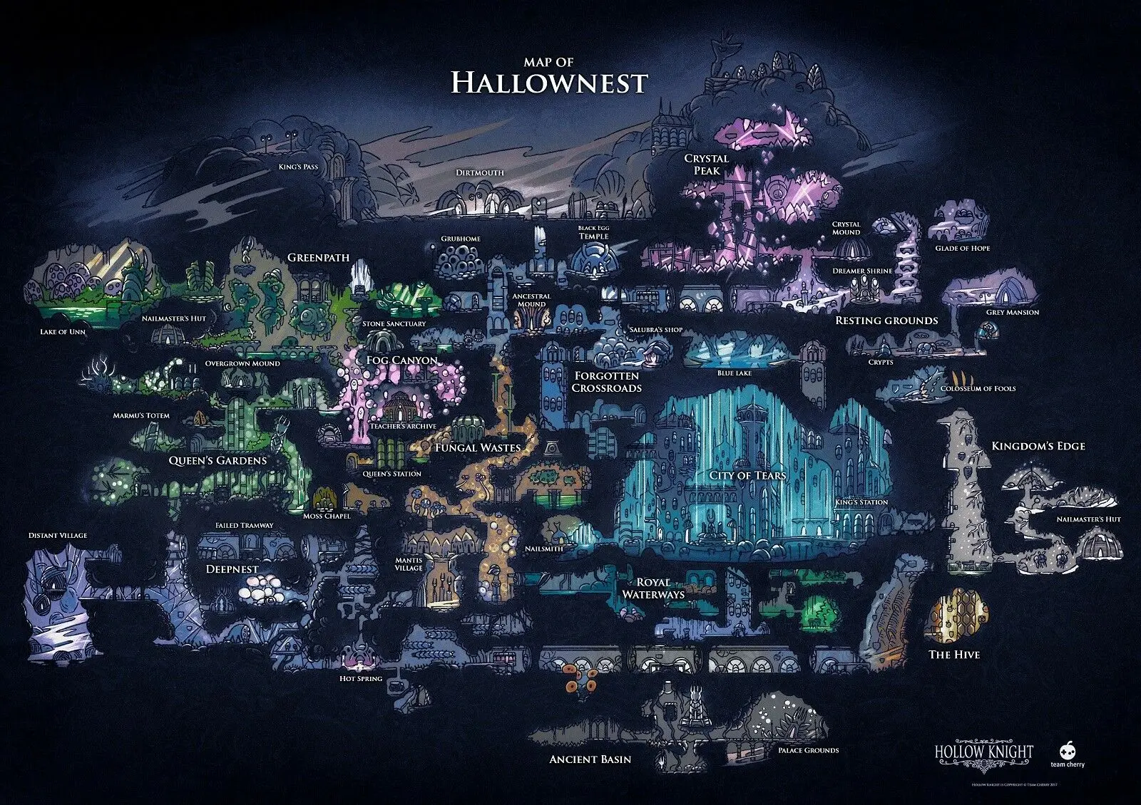 

N2418 Hollow Knight Map Of Hallownest Wall Sticker Silk Fabric Poster Art Indoor Decor Bright