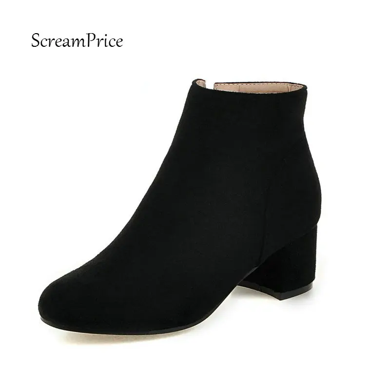 

Women Boots Flock Thick Heel Ankle Boots Fashion Zipper Round Toe Spring Autumn Woman Shoes 2018 Black Blue Khaki