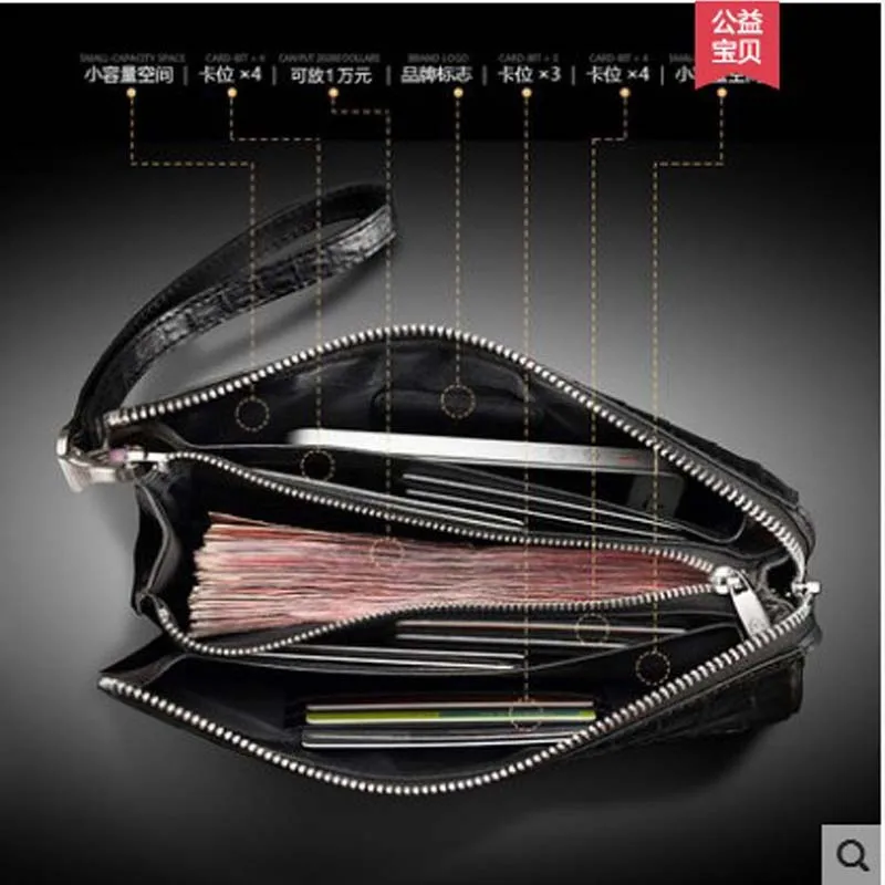 gete Crocodile leather handbag male long leather business Pack zipper Multi-card large capacity wallet crocodile leather man bag