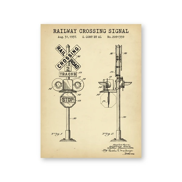 Железнодорожная сигнальная патентная схема старинные плакаты печать железнодорожная пересечение сигнальный дизайн локомотив Холст Картина с изображением поезда Декор - Цвет: PH2673