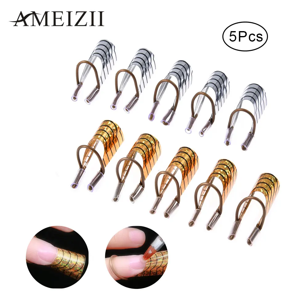 

AMEIZII 5Pcs Nail Art C Curved Shape Extension Guide Tips French Foil Form Acrylic Gel UV Design Reusable Metal Manicure Molds