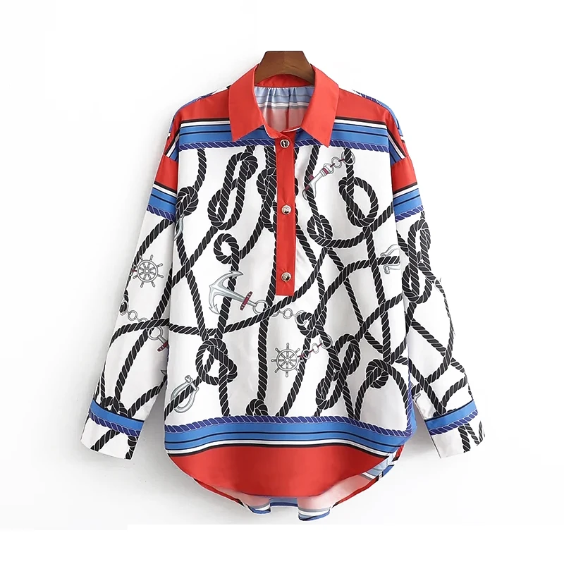 

Chain Striped Shirts 2019 Women Spring-Autumn Bohemian Blouses Short Front Long Back Chic Shirt Ladies Casual Button Tops Femme