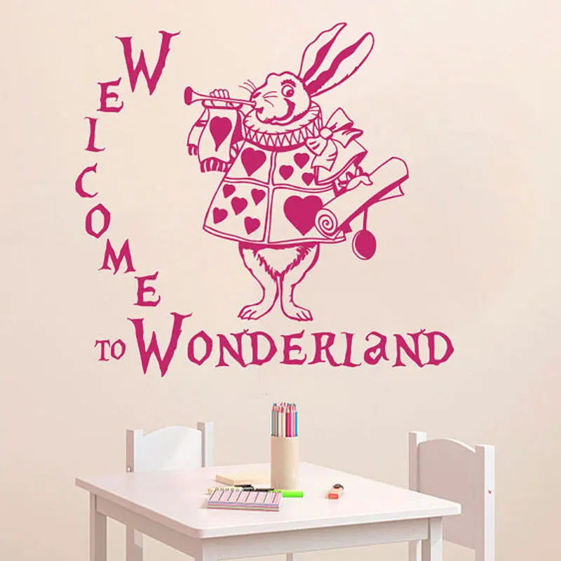 

Wall Decal Quote Welcome to Wonderland Rabbit Sayings Alice in Wonderland Baby Room Kids Vinyl Sticker Home Decor Mural B676
