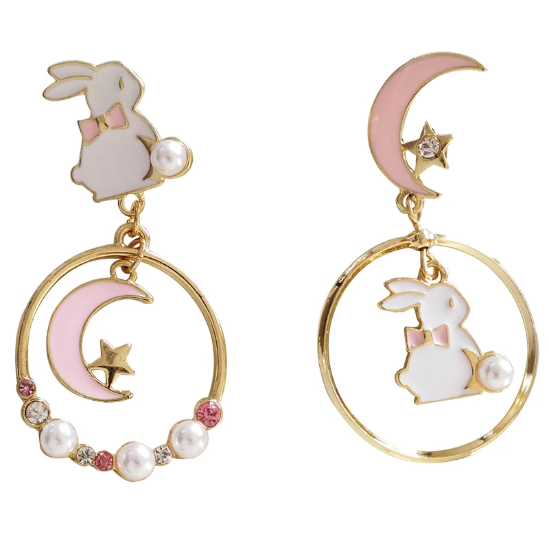 

free shipping wholesale 6 pair/lot fashion women jewelry accessories metal enamel rabbit moon korean earrings