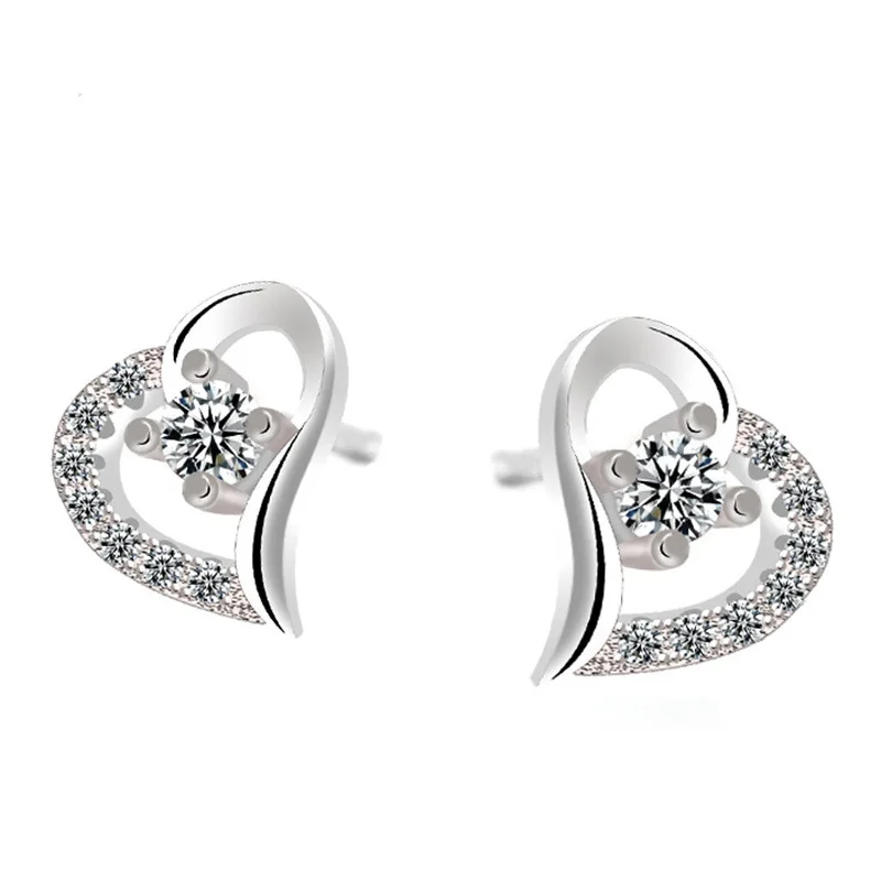 

100% 925 sterling silver romantic love heart shiny crystal ladies`stud earrings jewelry female Anti allergy drop shipping gift