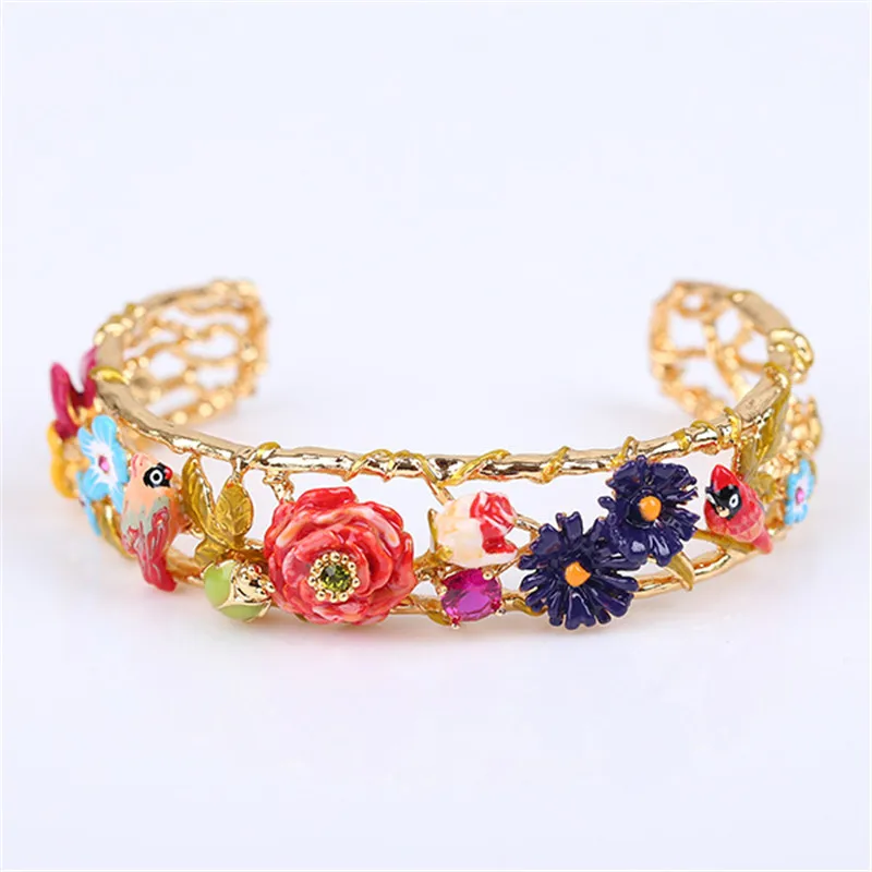 

Warmhome T Jewelry Enamel Glaze Copper Romantic Various Flower Parrot For Women Open Bracelet