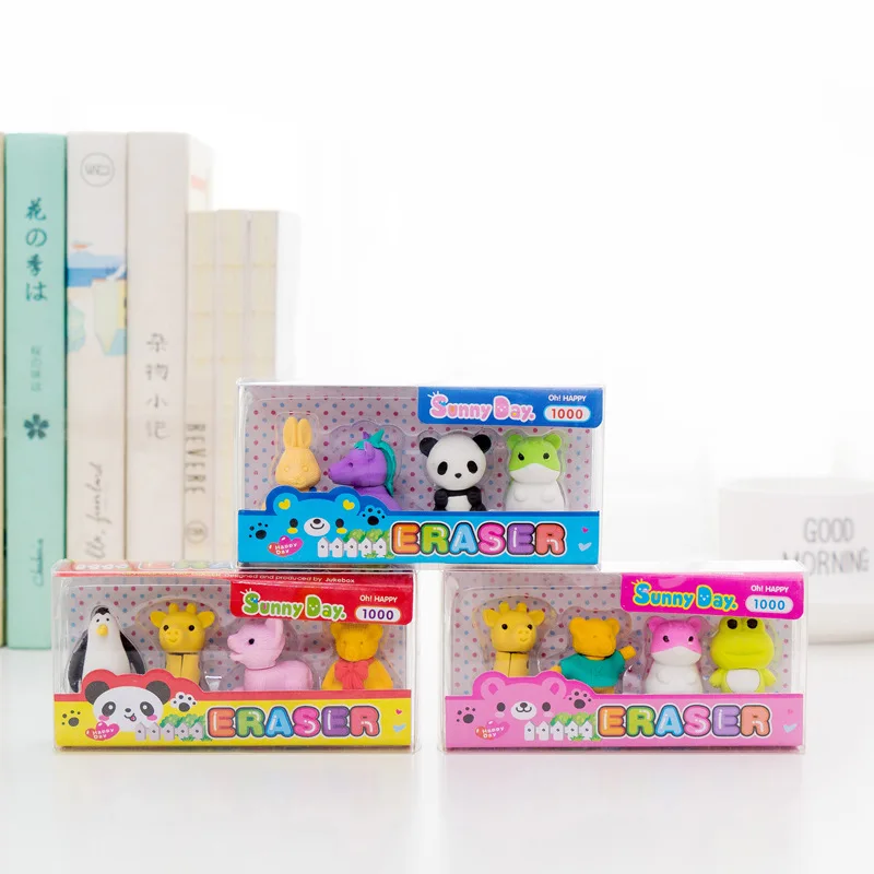 

4 pcs/pack Cartoon Animal Erasers Cute panda Writing Drawing Rubber Pencil Eraser Stationery For Kids Gifts school supplies