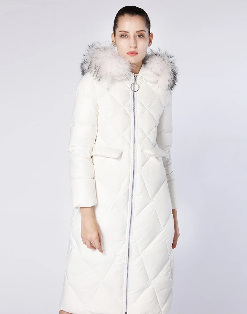 YNZZU брендовый женский пуховик зимнее роскошное Элегантное длинное пальто на утином пуху женское теплое белое пальто с капюшоном и натуральным мехом YO672