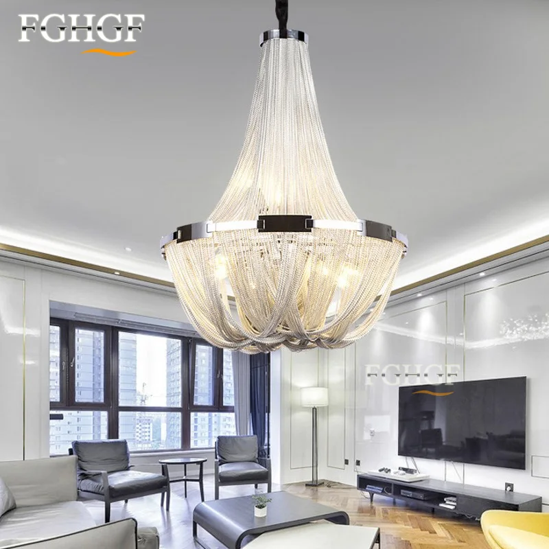 French Aluminum Chain Chandelier Light Fixture Empire Vintage Hanging Suspension Lustre Chain Chandelier Drop Light for Hotel (5)
