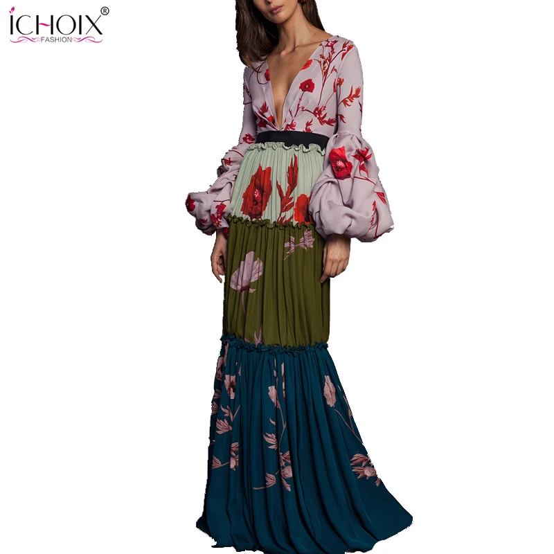 

2019 Autumn Vintage Long Dress Women Puff Sleeve Winter Printing Maxi Dress Sexy Deep v Elegant Evening Party Floor Length Dress