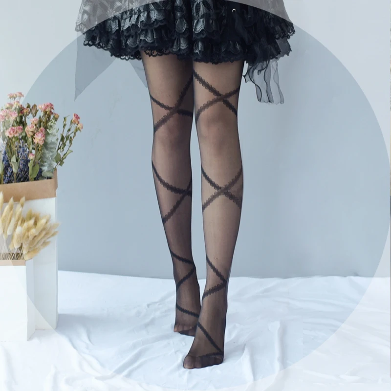 

Japanese Punk Girls Vintage Gothic Lolita Cross Bandage Silk Stockings Women's Sexy Black Lace Pantyhose Female socks Tights