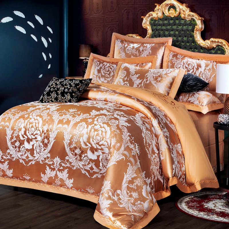 

Golden Jacquard Luxury Stain Bedding set Cotton Imitate Silk Tribute silk Bed set 4Pcs King Quee Duvet cover set Bedsheet set