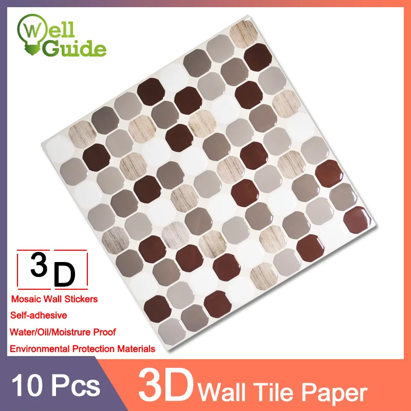 

10pcs Wall paper 3D Marble mosaic Brick Self-Adhesive Wall Stickers Waterproof DIY Kitchen Bathroom Home PU Wall paper