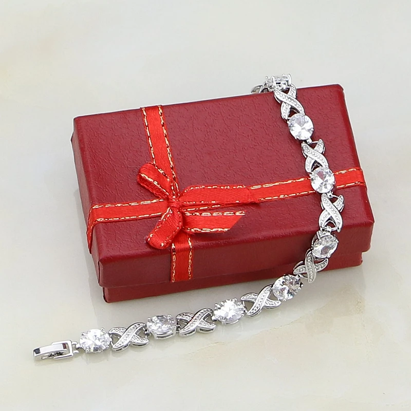 Oval X Shaped White Cubic Zirconia Charm Bracelet 925 Sterling Silver Chain Link Adjustable Bracelet For Women Christmas Gift