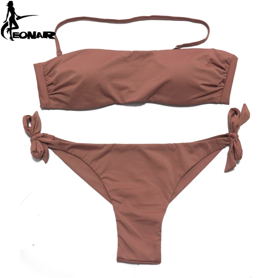 Comprar Bikini EONAR 2020 sólido mujer traje de baño brasileño corte inferior Bikini conjunto Push Up traje de baño Femme trajes de baño ropa de playa deportiva