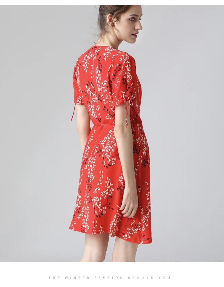 Женское мини-платье из натурального шелка, Креповое платье с красным принтом и v-образным вырезом для женщин, новинка, модное платье