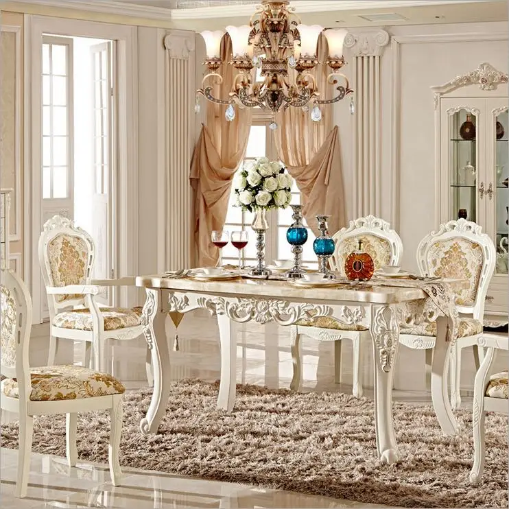 Antique Style Italian Dining Table, 100% Solid Wood Italy Style Luxury marble Dining Table Set pfy10052