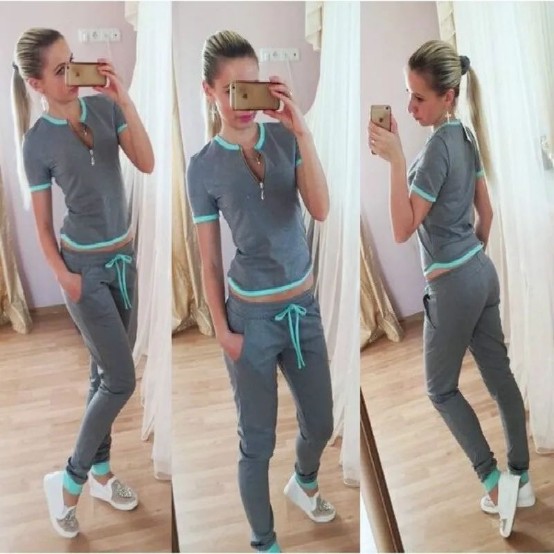 

Spring Autumn Fashion 2 Piece Set Women Tracksuit Zip Design V Neck Sweatsuit Coat + Pants Hoodie Suit