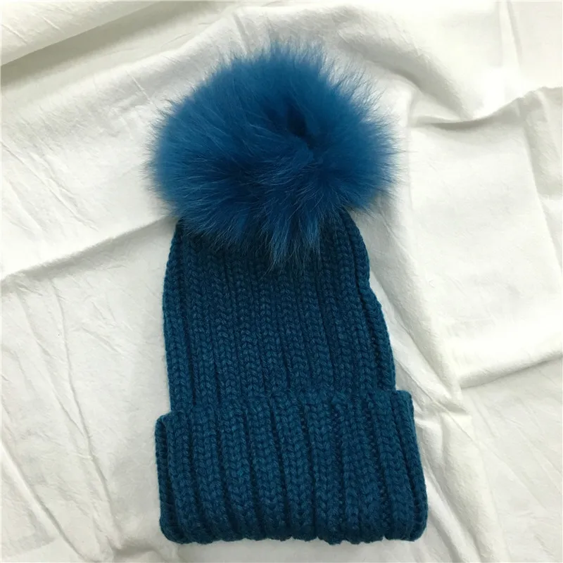 Зимняя вязаная шапка из натурального меха енота с помпонами для женщин и девочек, вязаная шапка, теплая шерстяная женская шапка skullies Beanies, 12 цветов - Цвет: Синий