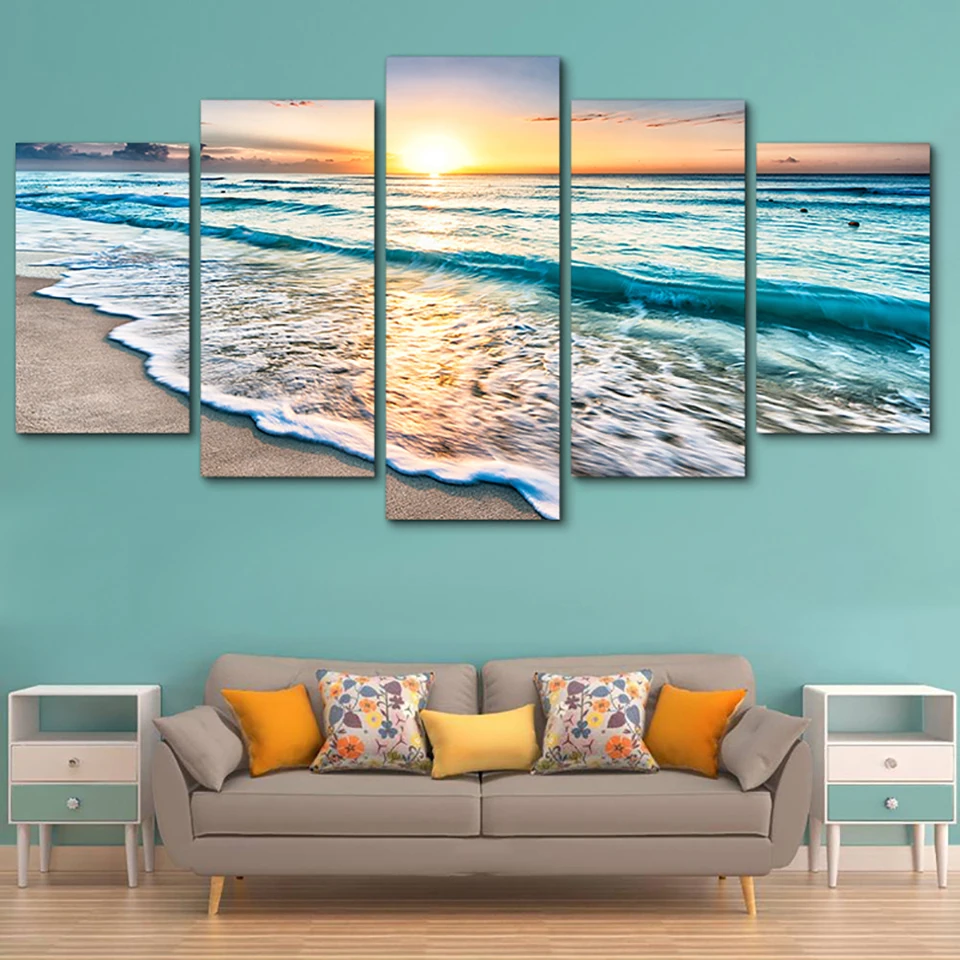 

Tableau Wall Art HD Print Paintings Modular Posters Pictures Canvas 5 Panel Waves On Beach At Sunset Seascape Home Decor Modern